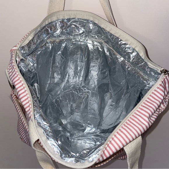 CB Station Insulated Striped Tote Bag with Outer Zipper Section Cotton Exterior - Picture 5 of 7